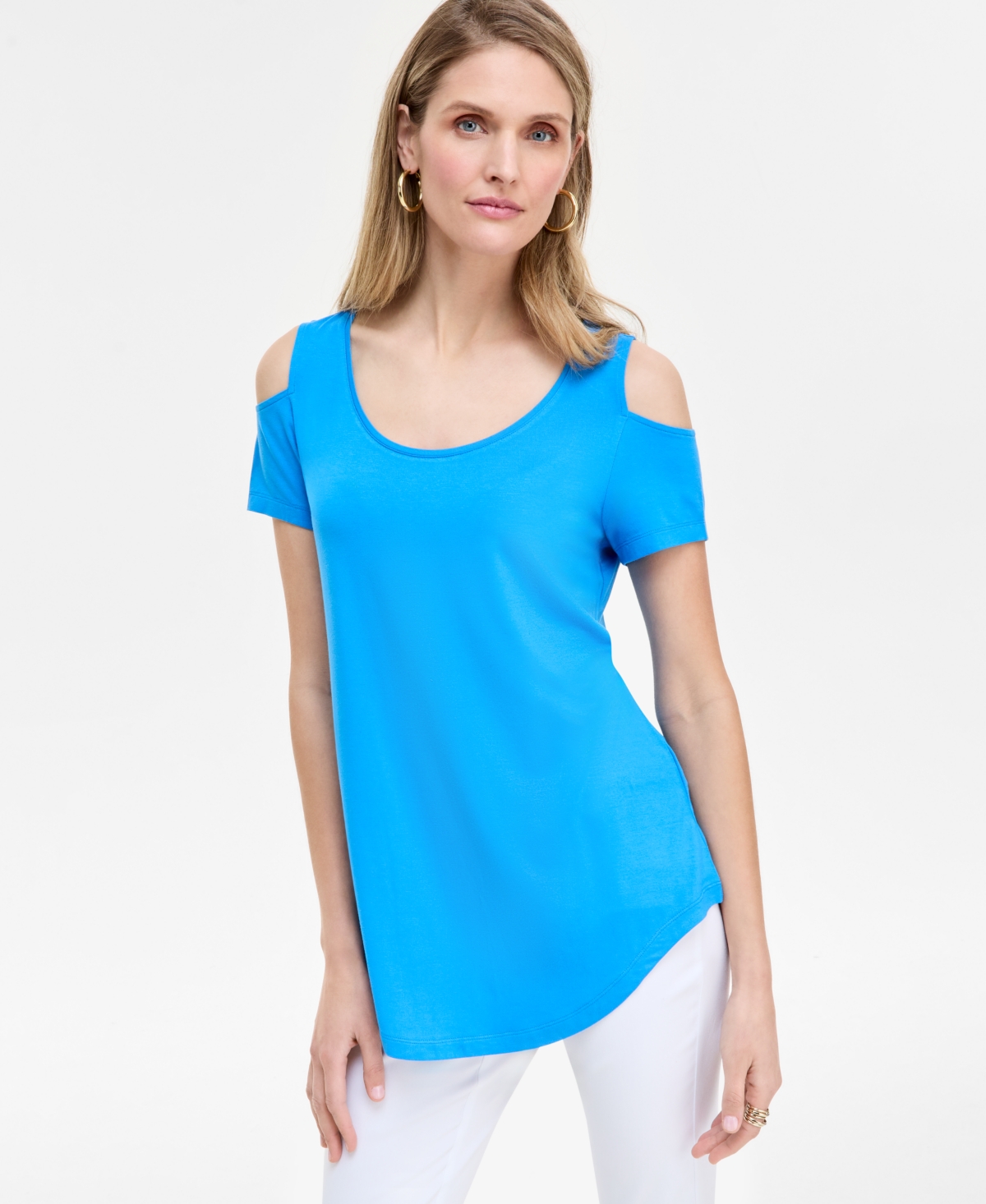 Jm Collection Women's Short Sleeve Scoop-neck Cold-shoulder Top, Created For Macy's In Blue