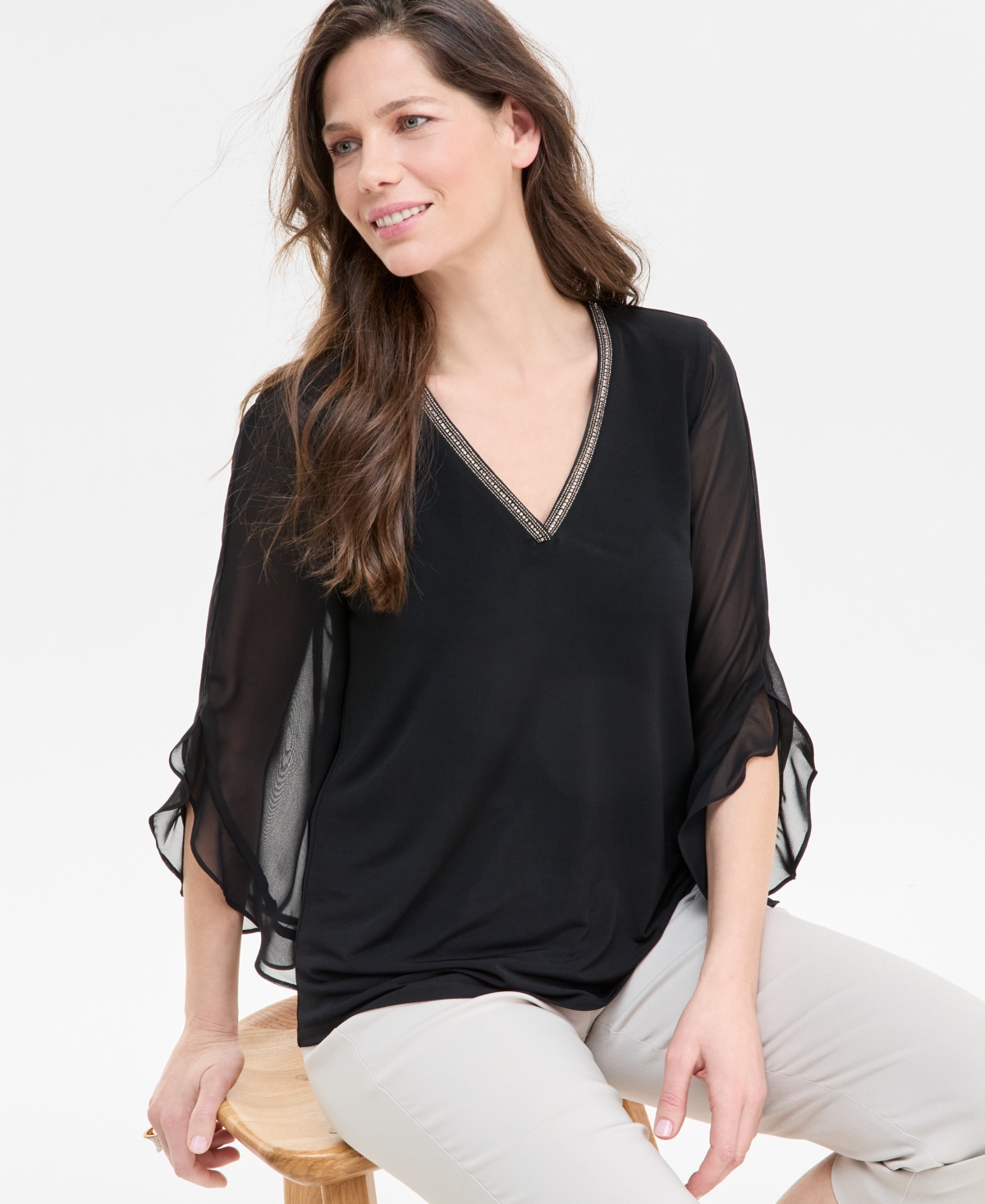 Jm Collection Women's Tulip-sleeve Mixed-media Top, Exclusively At Macy's