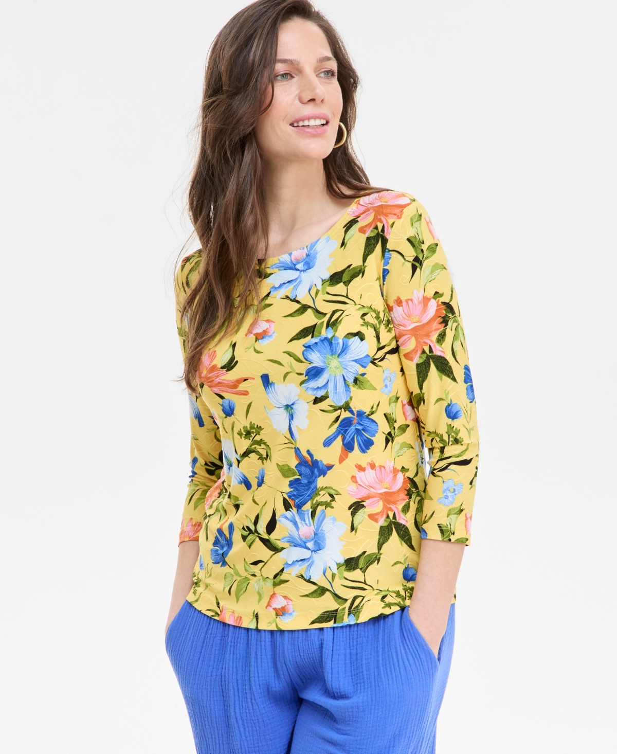 Shop Jm Collection Women's Printed 3/4-sleeve Top, Exclusively At Macy's