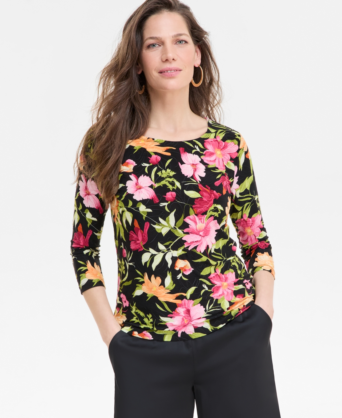 Shop Jm Collection Women's Printed 3/4-sleeve Top, Exclusively At Macy's