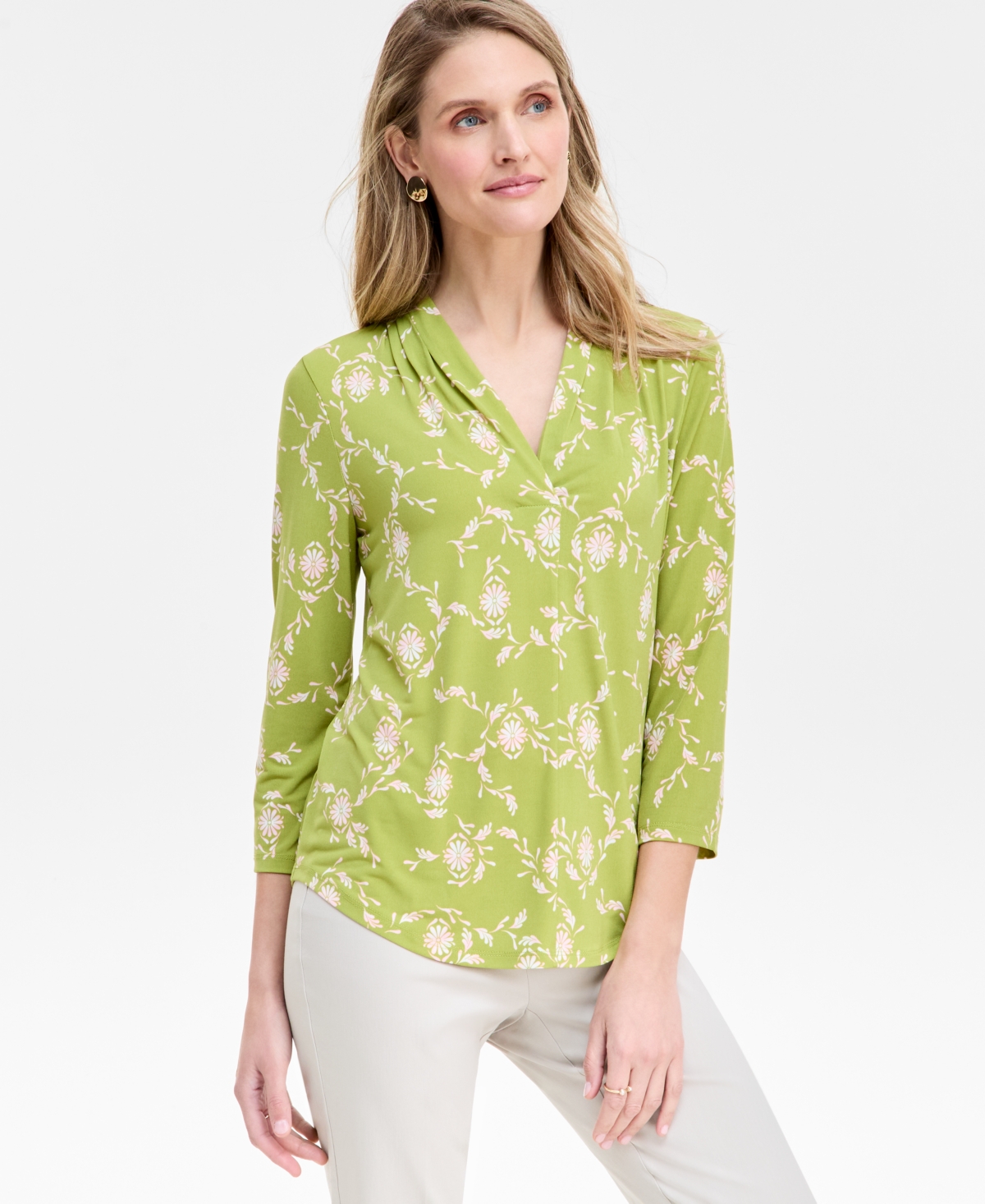 Petite Lush Sway V-Neck 3/4-Sleeve Top, Exclusively at Macy's - Palm Frond