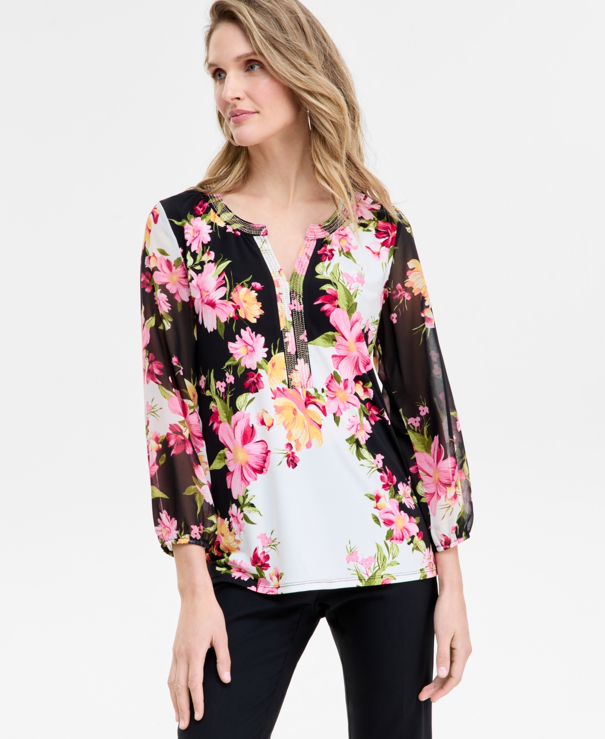 Women's Printed Embellished Split-Neck Top, Exclusively at Macy's - Neo Natural