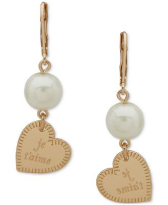 Emily in Paris - Gold-Tone Imitation Pearl Je T'aime Heart Drop Earrings
