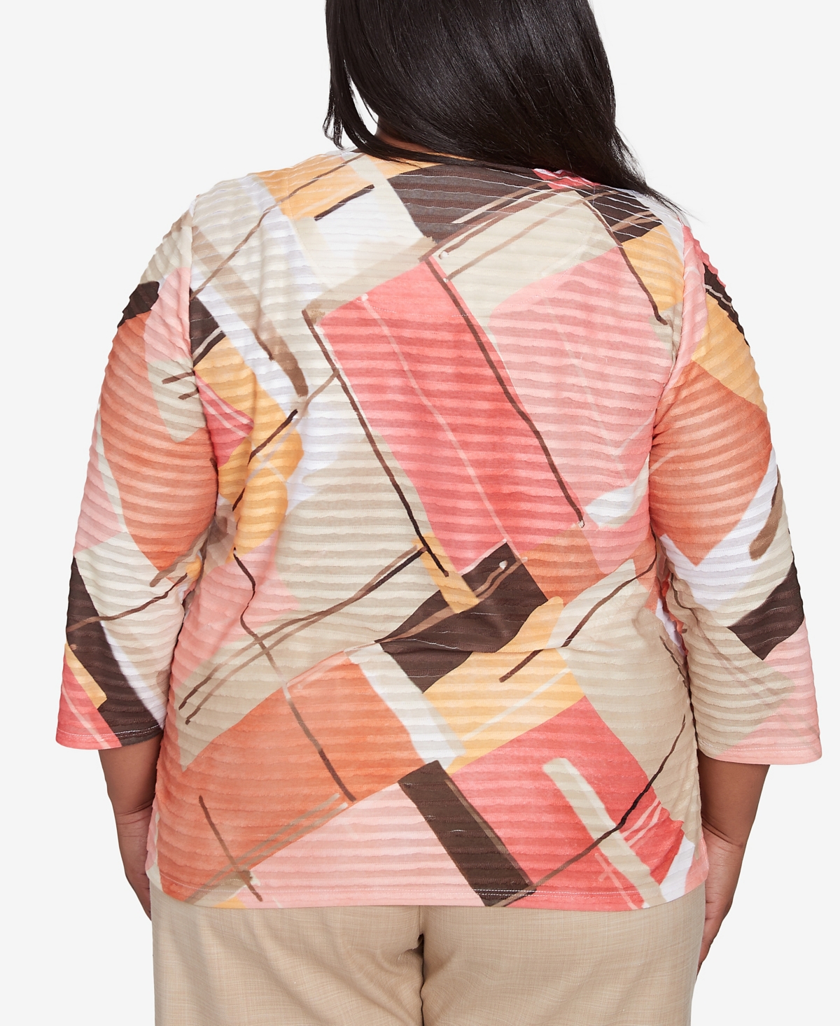 Alfred Dunner Plus Size Catalina Island Colorful Patchwork Crew Neck Top In Tangerine Multi