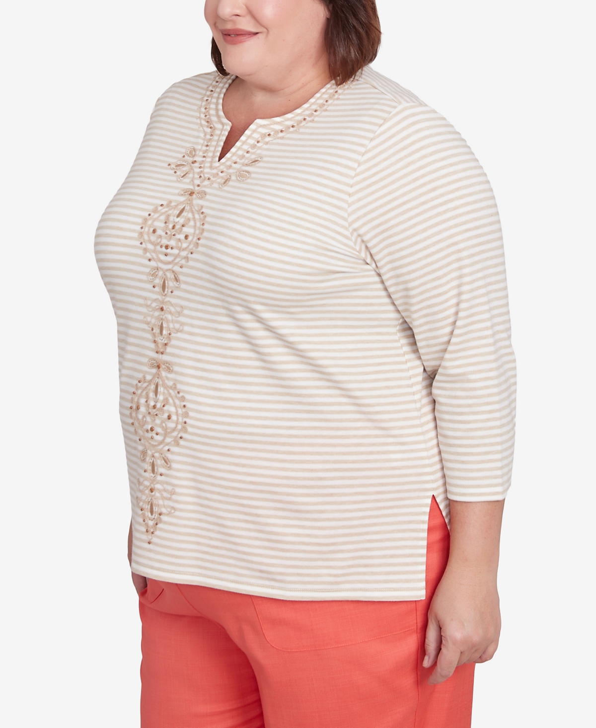 Alfred Dunner Plus Size Catalina Island Bold Medallion Stripe Round Neck Top In Linen