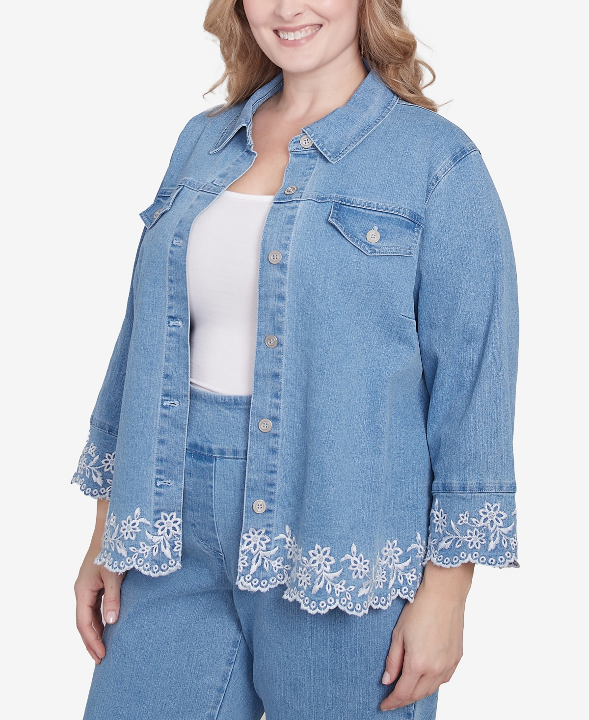 Alfred Dunner Plus Size Flower Power Denim Floral Embroidered Jacket In Light Indigo