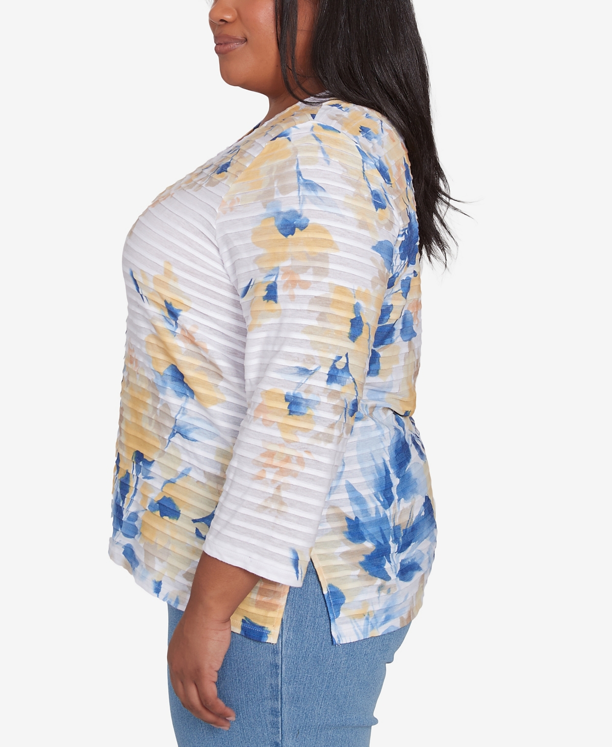 Alfred Dunner Plus Size Flower Power Floral Textured V Neck Top In Multi Blue
