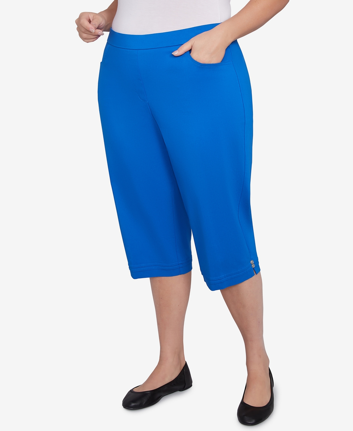 Alfred Dunner Plus Size Parrot Cay Novelty Cuff Tummy Control Capris Pants In Cobalt Blue