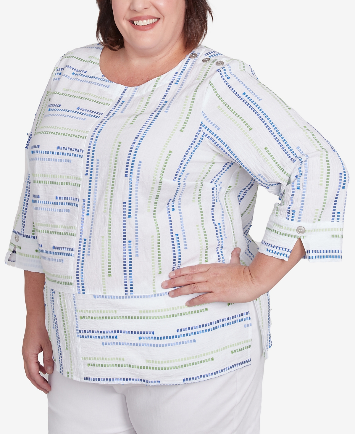 Alfred Dunner Plus Size Parrot Cay Spliced Textured Jacquard Crew Neck Top In Cobalt Multi