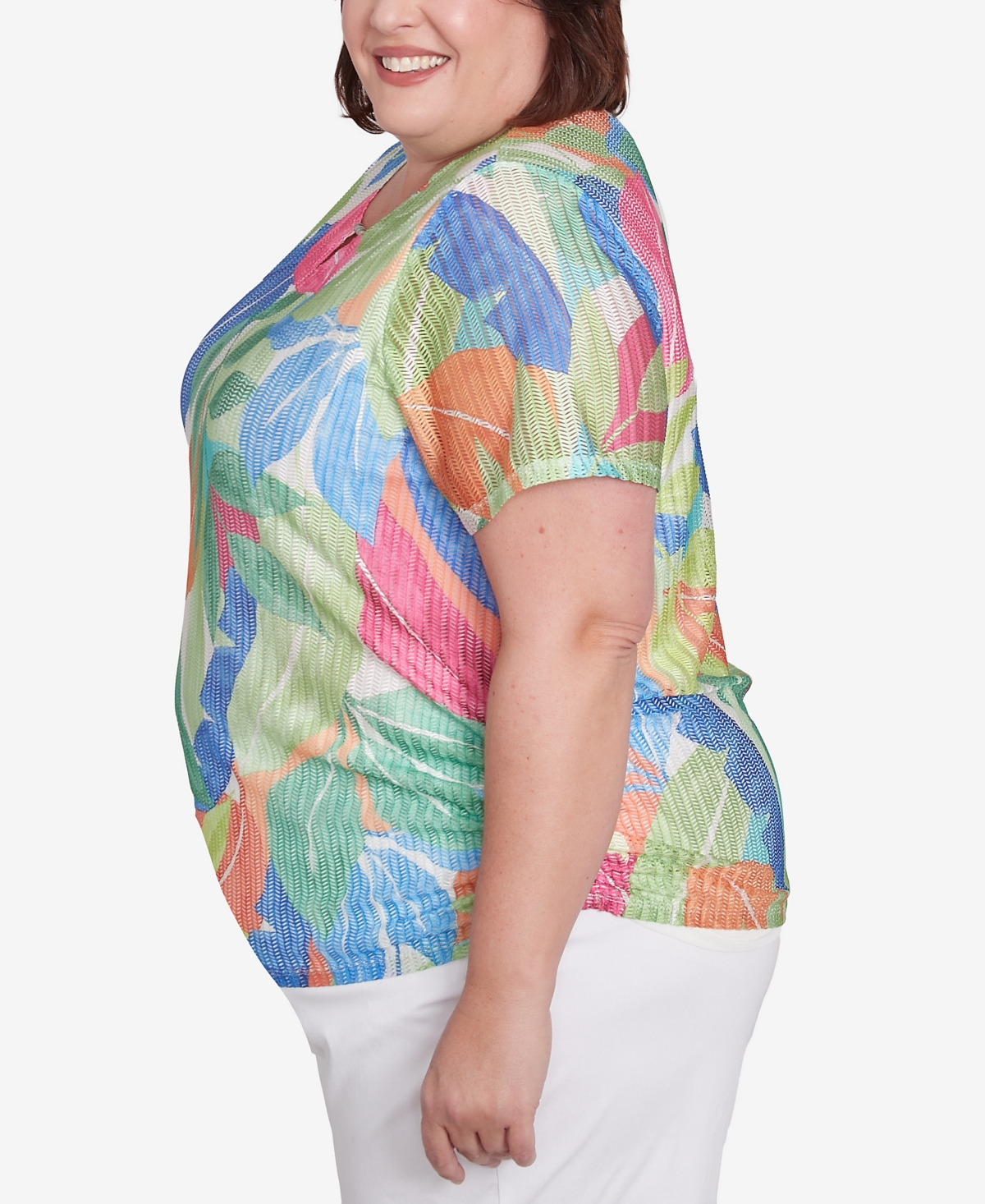 Alfred Dunner Petite Parrot Cay Textured Tropical Beaded Neck Top In Multi Green