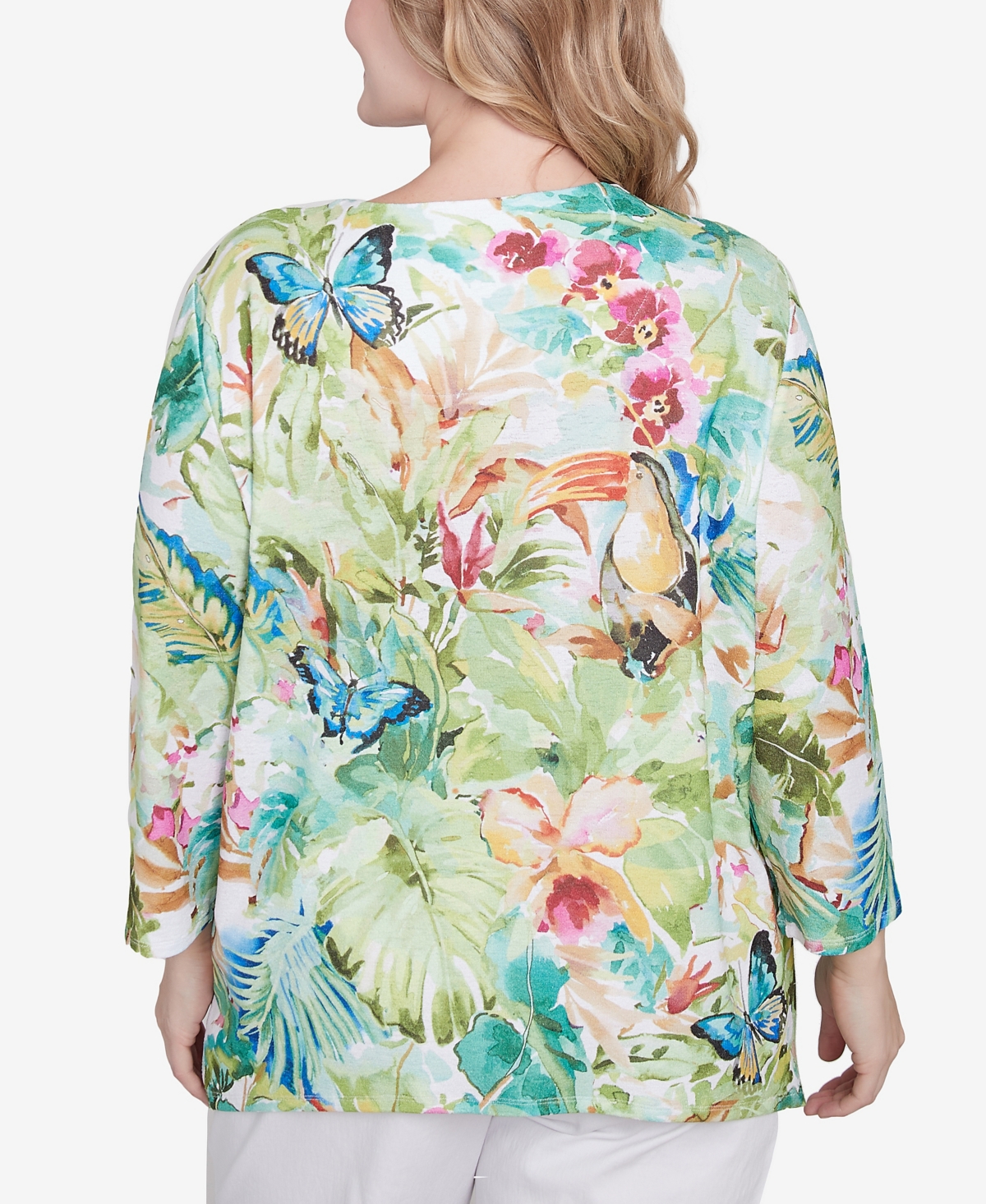Alfred Dunner Plus Size Parrot Cay Tropical Toucan Crew Neck Top In Multi Green