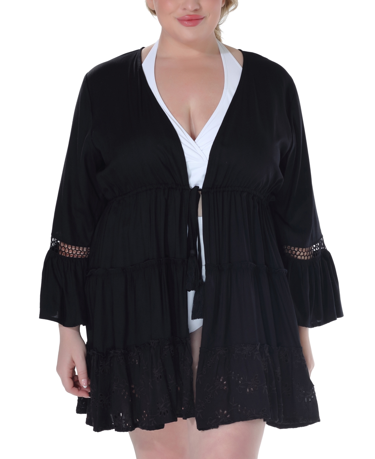 Raviya Plus Size Lace-inset Eyelet-flounce Cover-up In Black