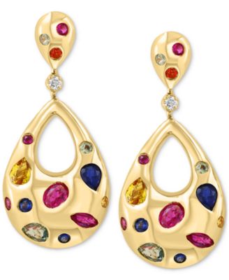 Diamond (1/20 ct. t.w.) & Multi Sapphire (2-1/3 ct. t.w.) Teardrop Earrings in 14k Gold Over Silver