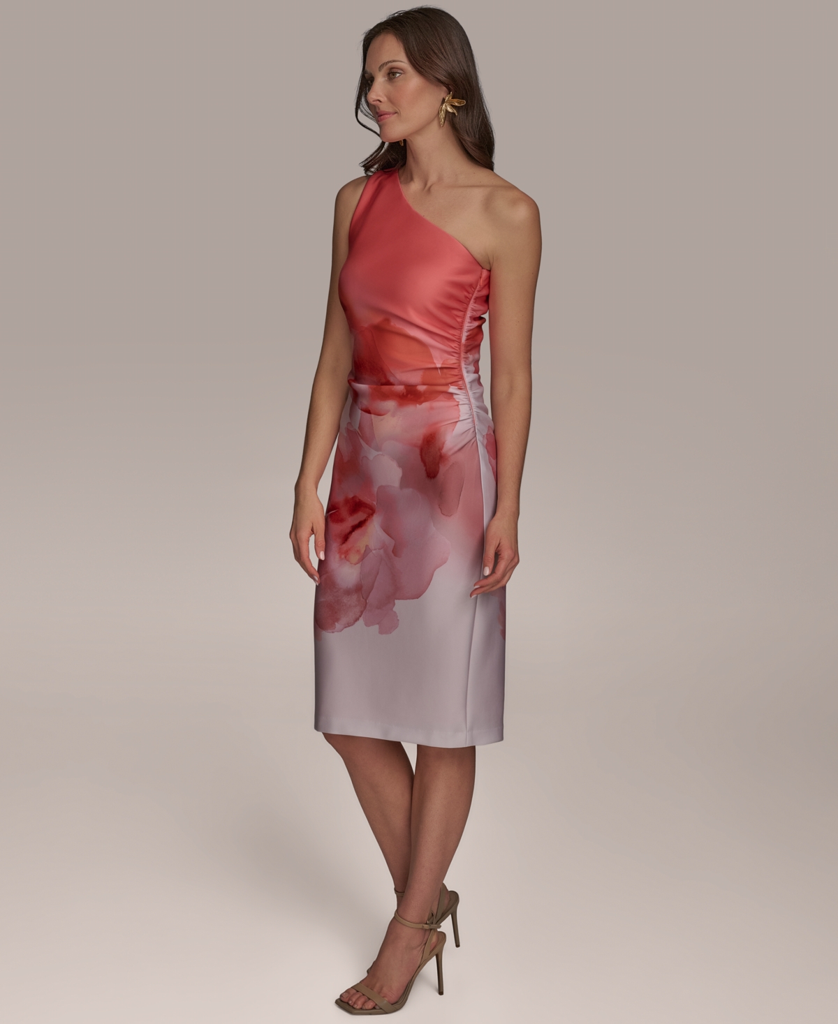Donna Karan Petite Floral-print One-shoulder Sheath Dress In Spring Melon Multi