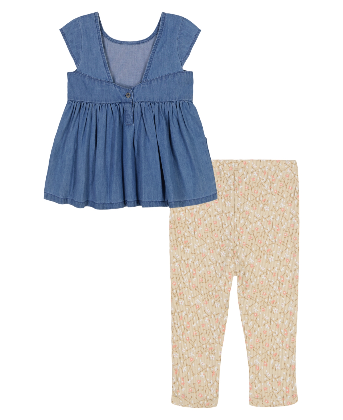 Calvin Klein Toddler And Little Girls 2-piece Denim Tunic Floral Ribbed Capri Leggings Sets In Medium Wash,creme Brulee