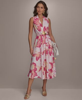 Petite Floral-Print Belted Midi Dress
