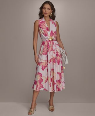 【Donna Karan New York】Floral-Print Tie-Waist Midi Dress Donna Karan New York Women's Floral-Print Tie-Waist Midi