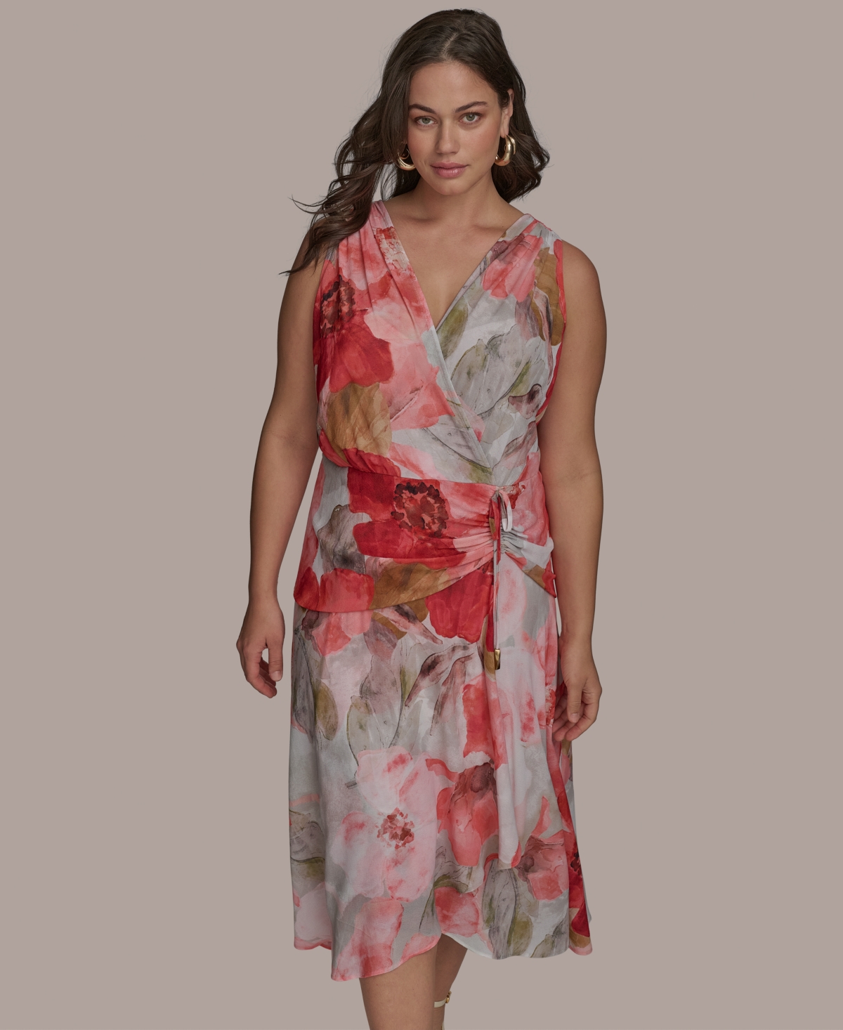DONNA KARAN PLUS SIZE FLORAL-PRINT SURPLICE MIDI DRESS 
