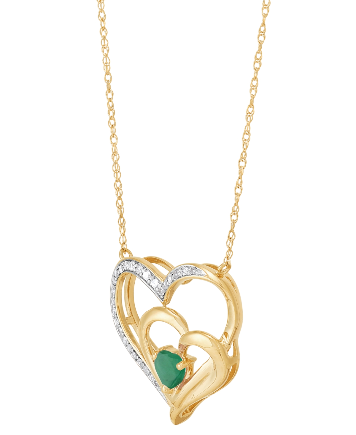 Macy's Emerald (1/3 Ct. T.w.) & Diamond (1/10 Ct. T.w.) Double Heart 18" Pendant Necklace In 14k Gold In Emerald