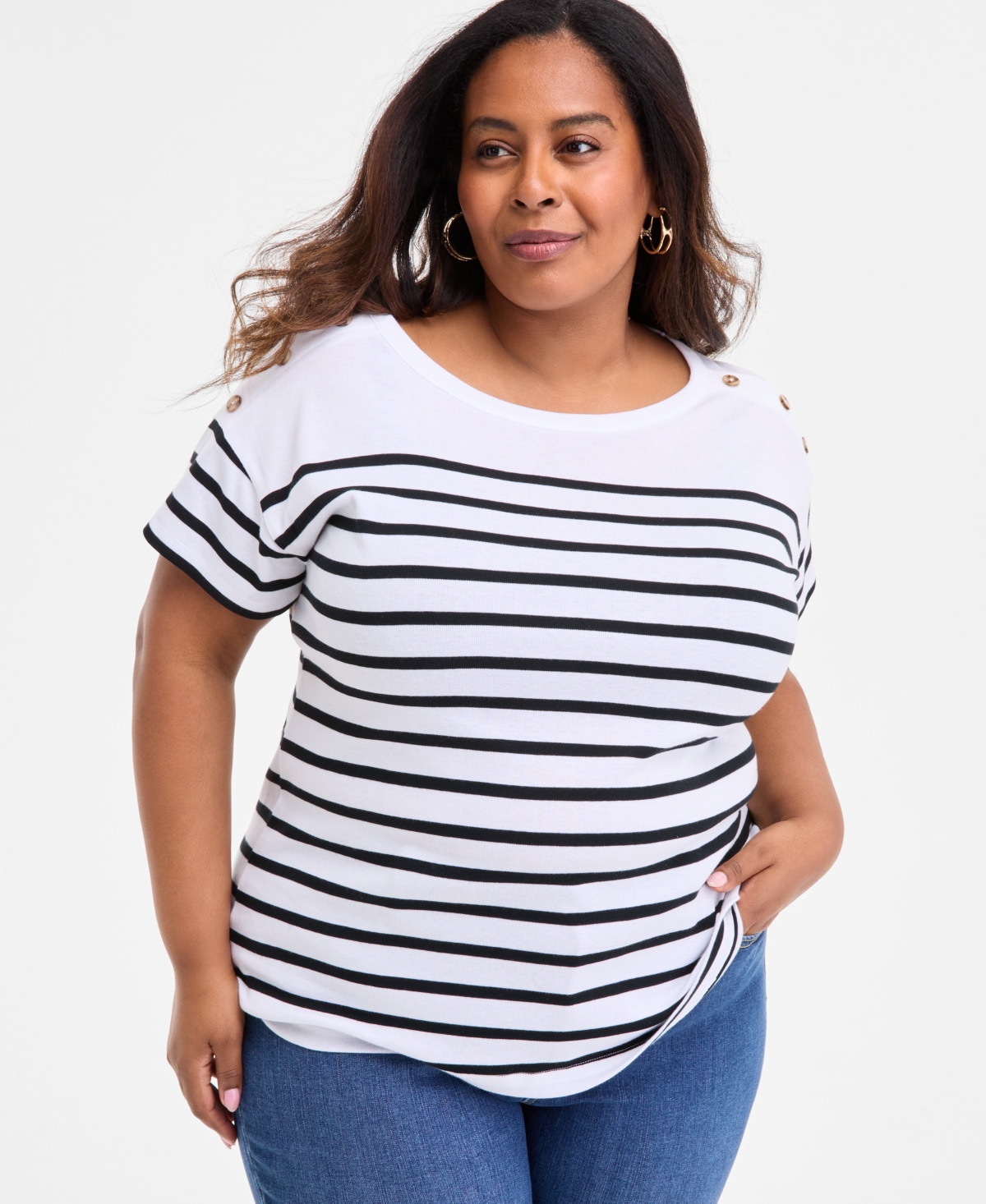 Plus Size Stripe Button-Trim T-Shirt, Exclusively at Macy's - Stonewall