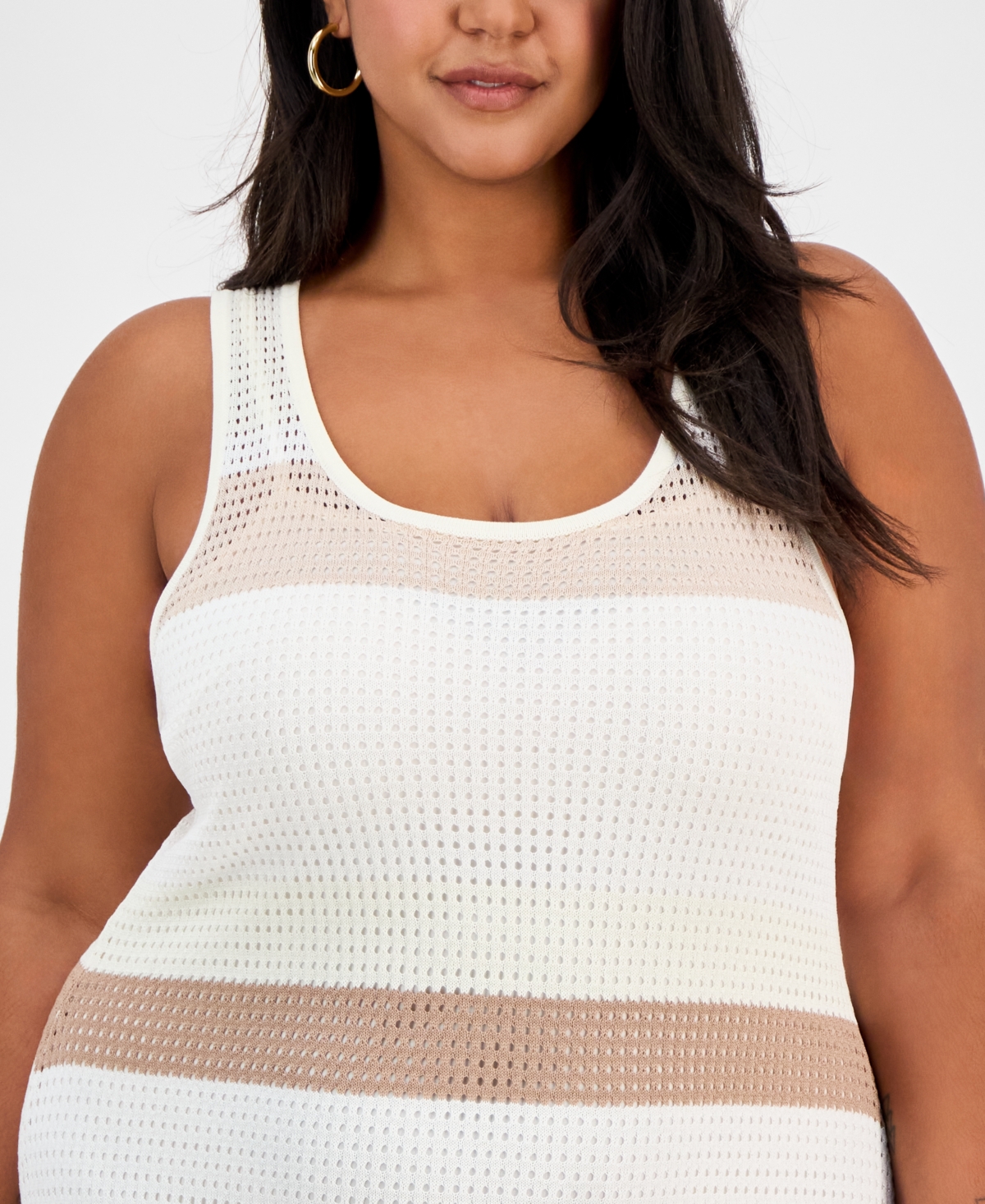 Bar Iii Trendy Plus Size Open-stitch Striped Midi Dress, Exclusively At Macy's In Beige