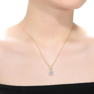 Sterling Silver 14K Gold Plated with Clear Round Cubic Zirconia Halo Necklace