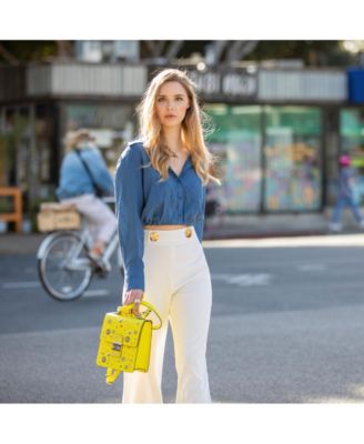 Convertible Leather Backpack Purse Yellow Crossbody Bag with Embellishments and Top Handle Women's Handbag