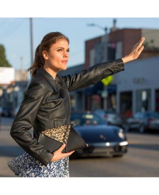 Black Leather Clutch Bag Leopard Unique Evening Purse Women's Handbag