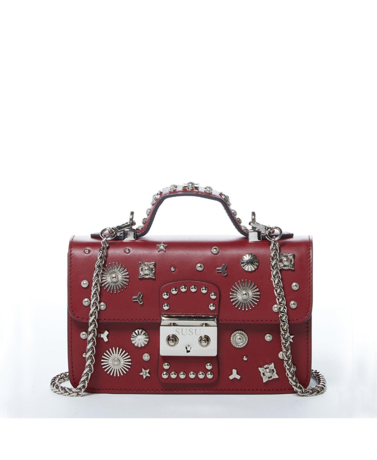 Studded Small Leather Crossbody Bag Burgundy Purse Women's Handbag - Burgundy