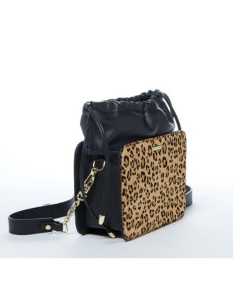 Black Leather Bucket Bag Medium Size Leopard Print Purse for Women with Drawstring Design