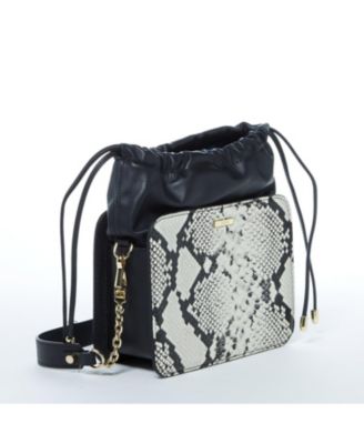 Black Leather Bucket Bag Medium Size Purse with Snakeskin Print and Drawstring Design for Women