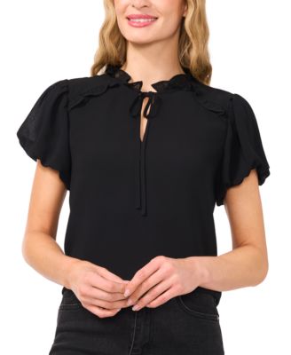 CeCe - Women's Solid Ruffle-Trimmed Puff-Sleeve Blouse