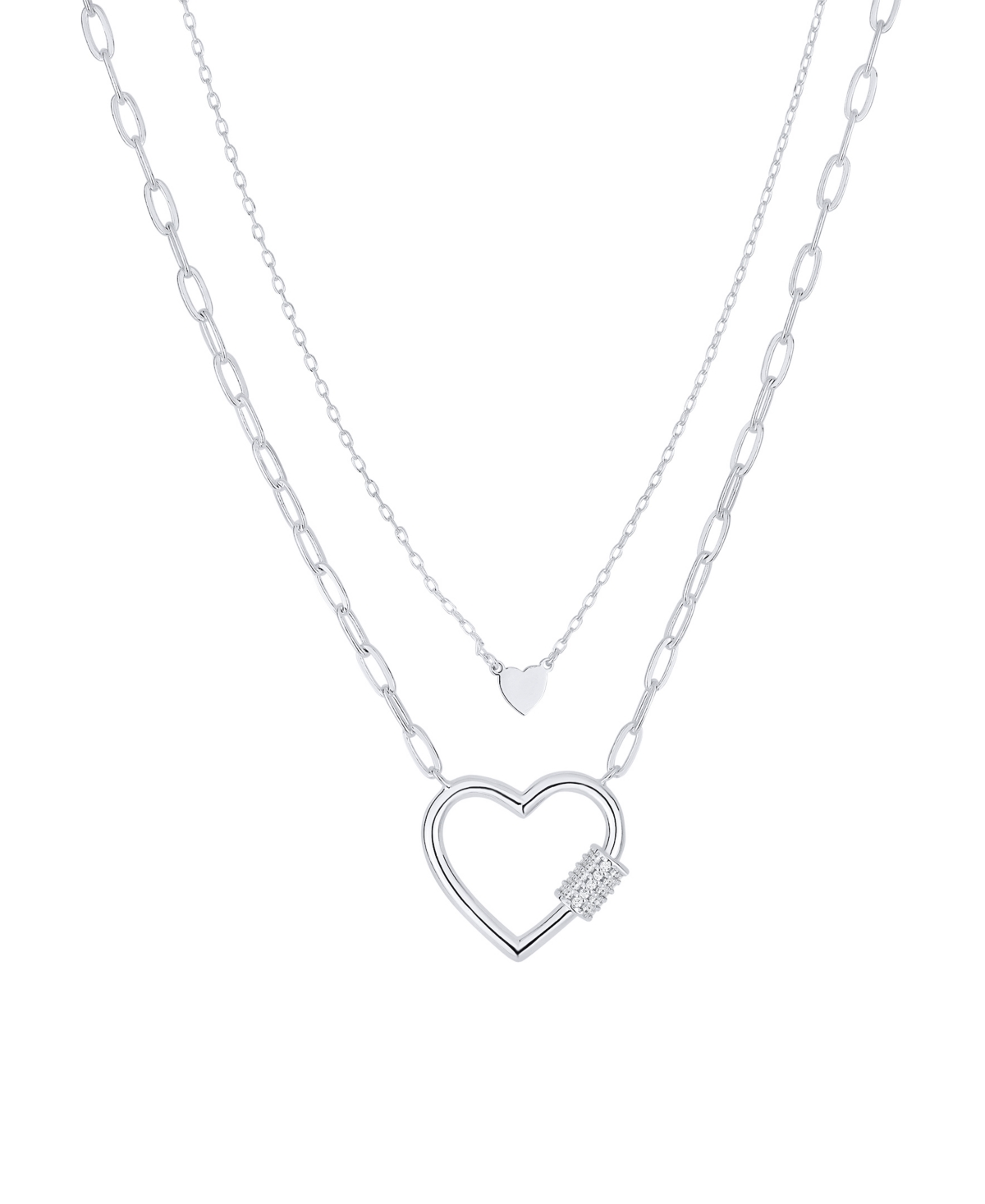 Cubic Zirconia Double Layered Strand Heart Necklace - Silver
