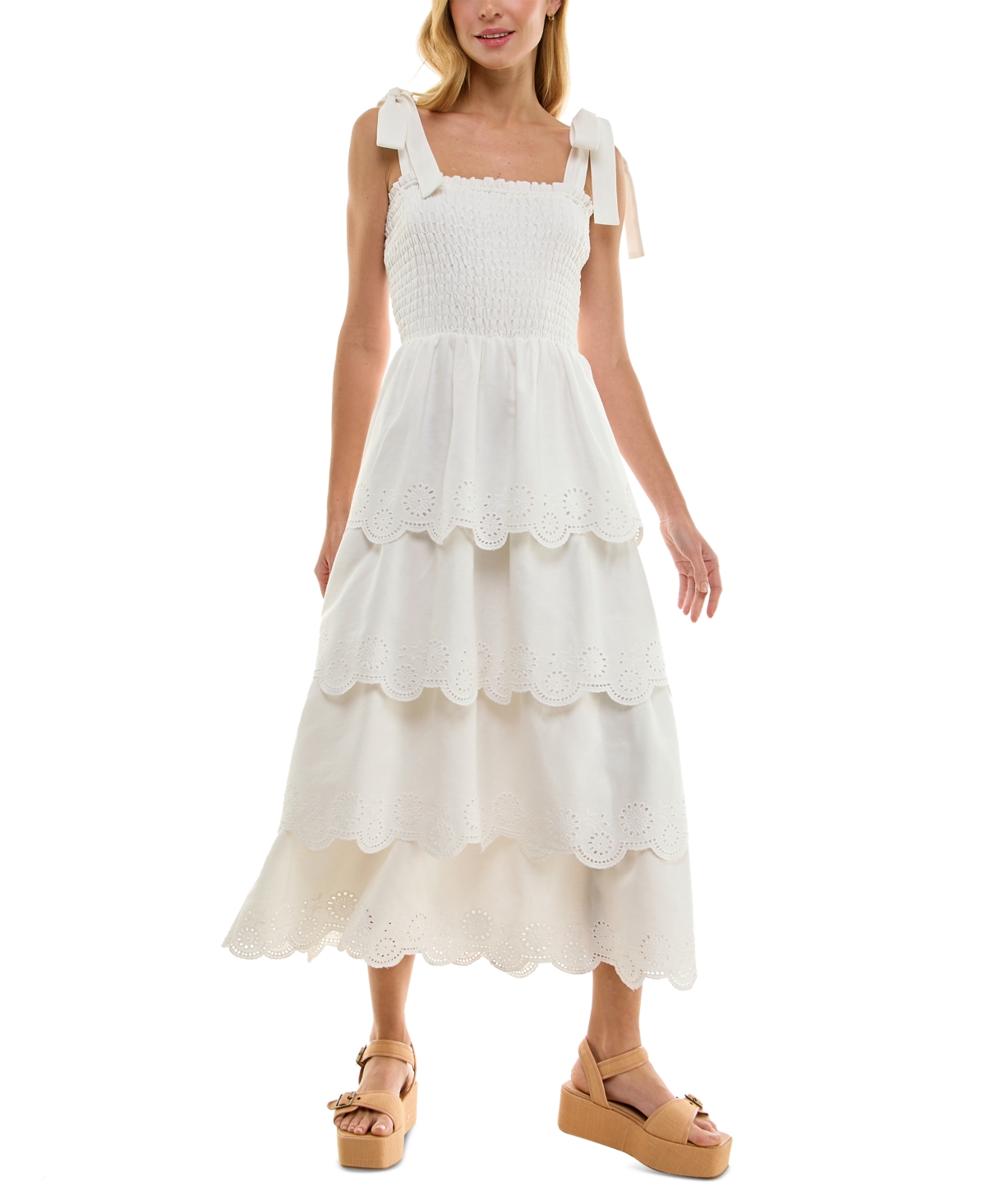 Juniors' Eyelet Smocked-Bodice Scalloped Midi Dress - White