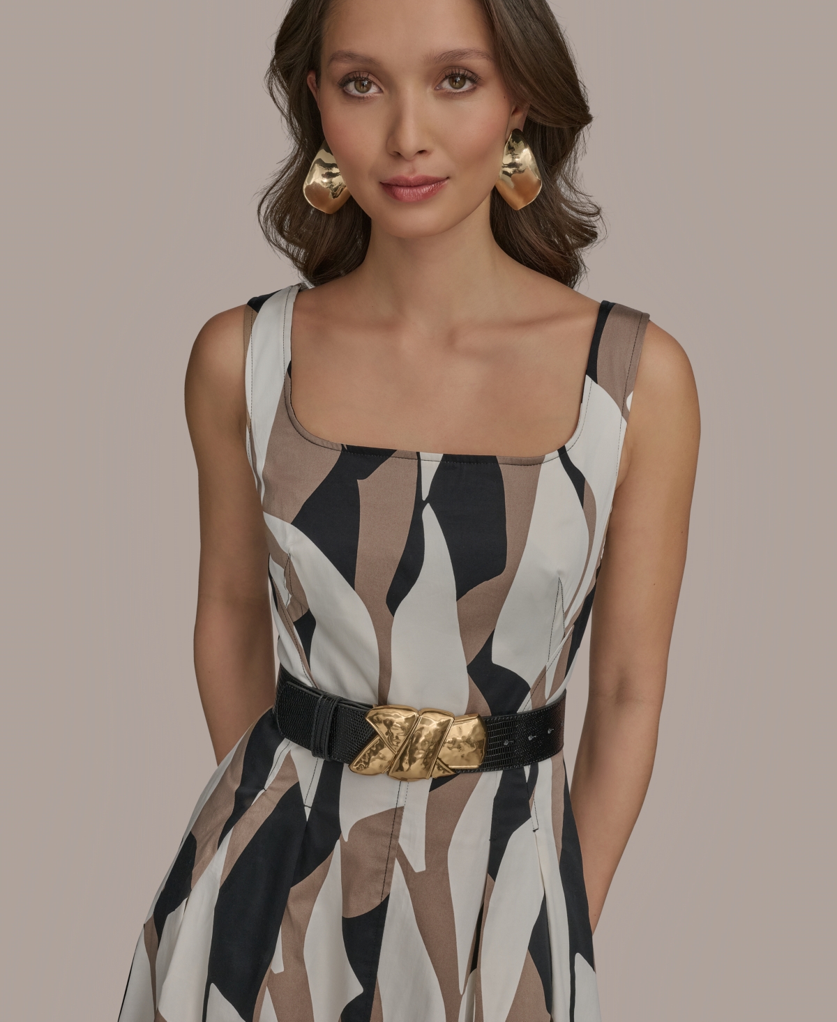 Shop Donna Karan Women's Abstract-print Square-neck Midi Dress In Black Multi