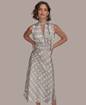 Women's Dot-Print Tie-Neck A-Line Dress