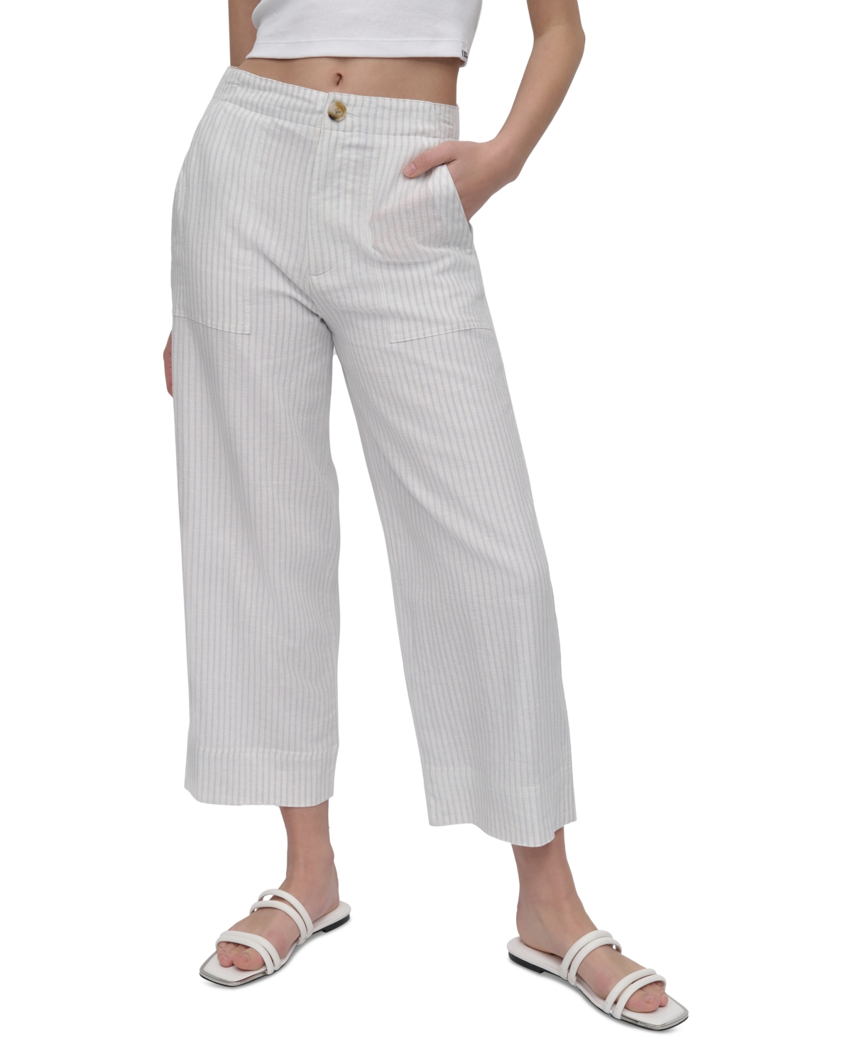 Shop Dkny Jeans Women's Cropped Wide-leg Linen Pants In Kzg - Sm Strp Pwd Bl,ivo