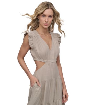 Women's Linen-Blend Tiered V-Neck Cutout Dress