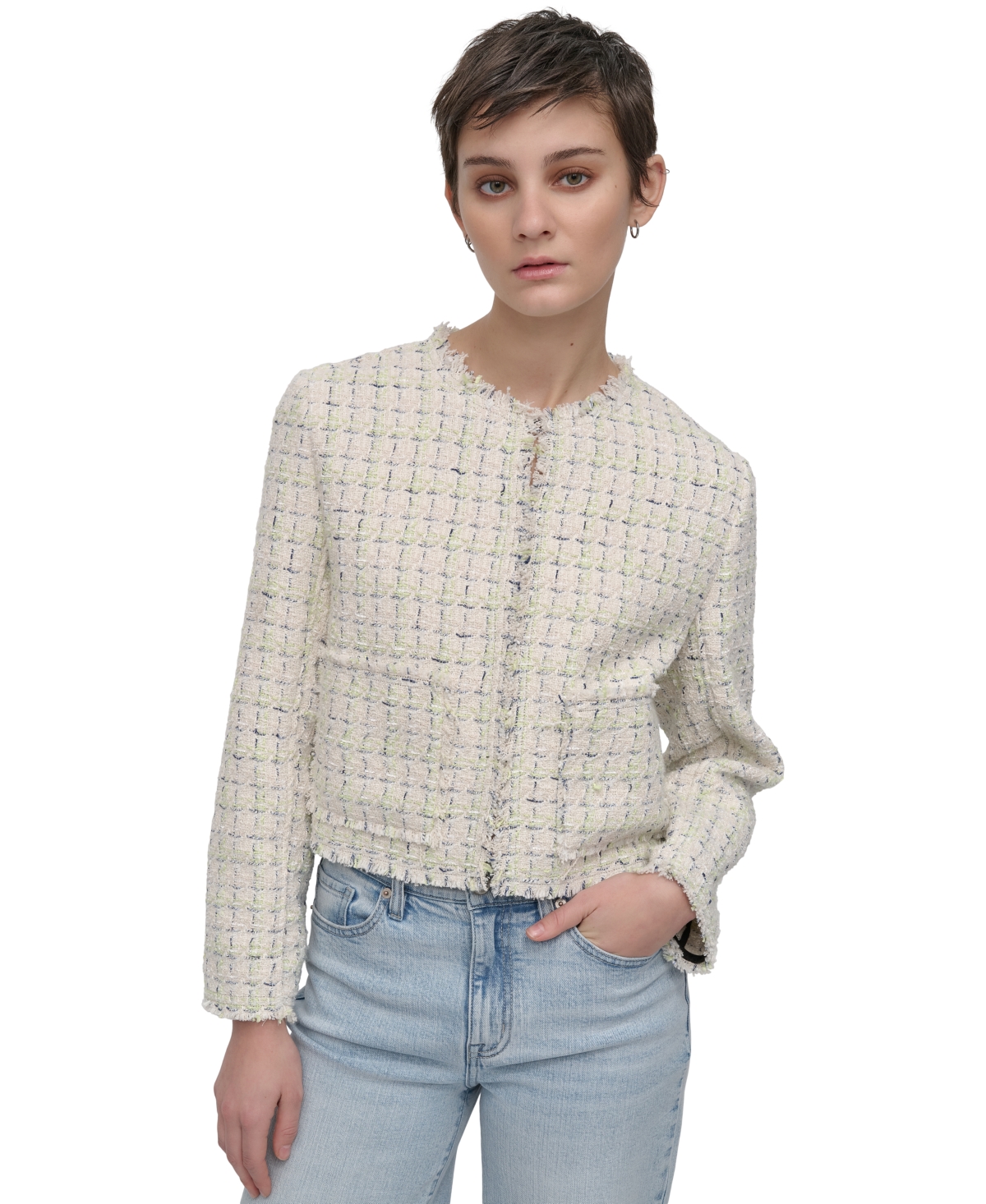 DKNY JEANS WOMEN'S FRAYED CROPPED LONG-SLEEVE JACKET 