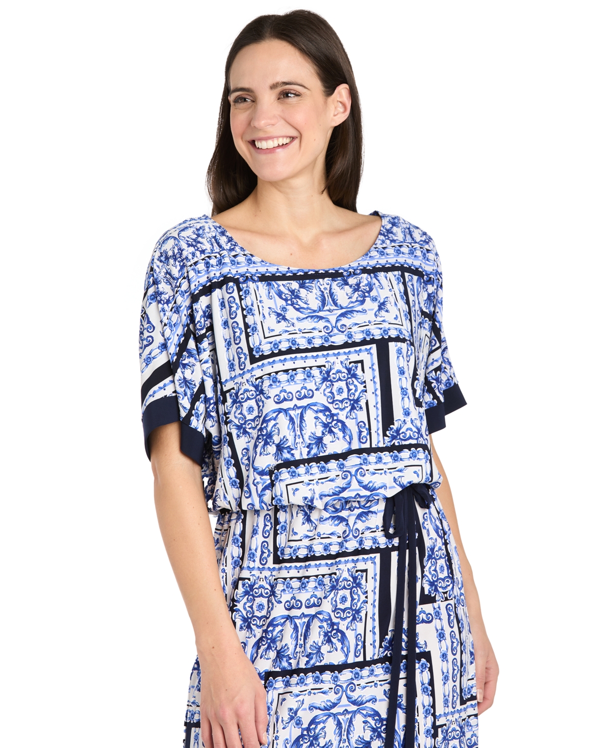R & M Richards Plus Size Printed Blouson A-line Dress In White Denim