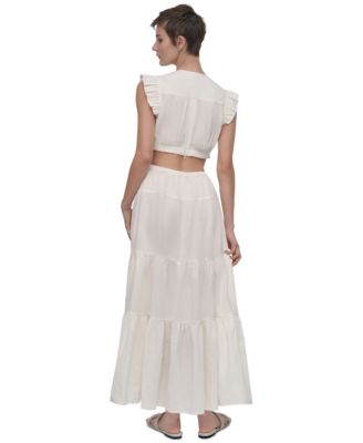 Women's Linen-Blend Tiered V-Neck Cutout Dress