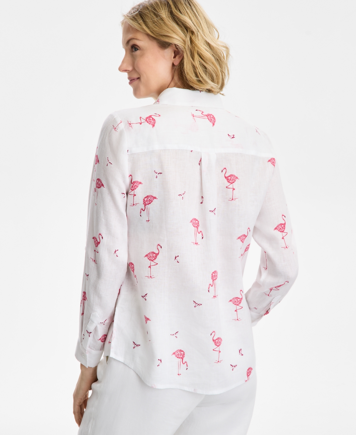CHARTER CLUB WOMEN'S LINEN FLAMINGO-PRINT ROLL-TAB SHIRT, EXCLUSIVELY AT MACY'S 
