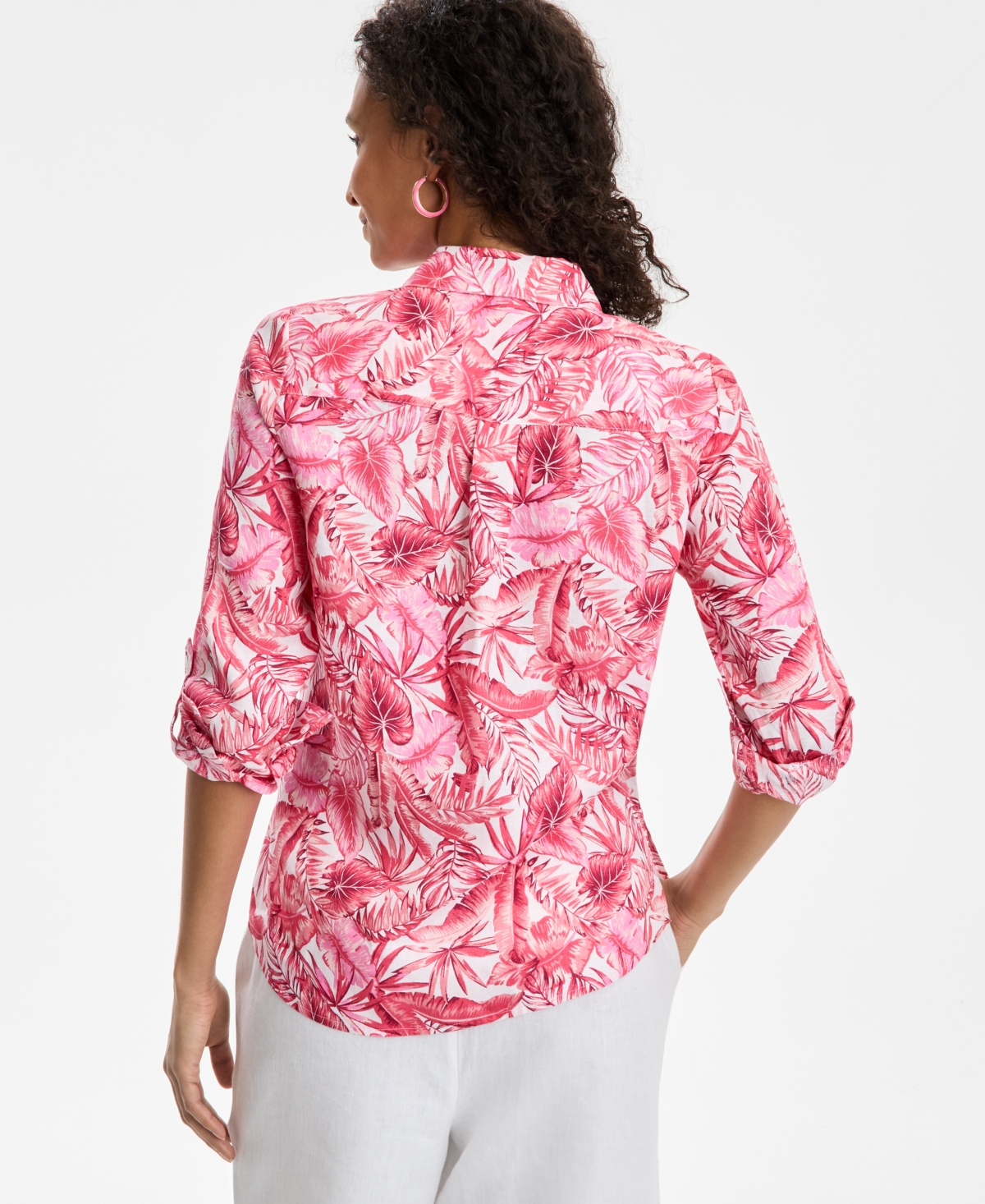CHARTER CLUB WOMEN'S LINEN PALM-PRINT ROLL-TAB SHIRT, EXCLUSIVELY AT MACY'S 