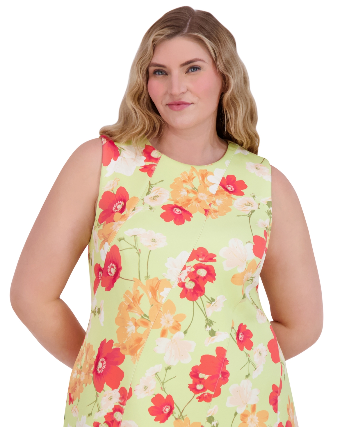 Vince Camuto Petite Printed Jewel-neck Sleeveless Dress In Lime