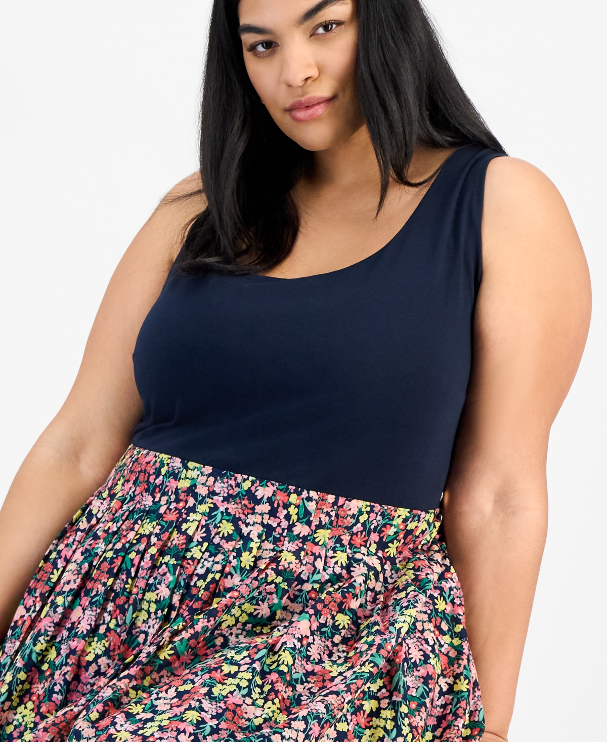 Tommy Hilfiger Plus Size Floral-print-skirt Sleeveless Dress In Sky Cap Multi