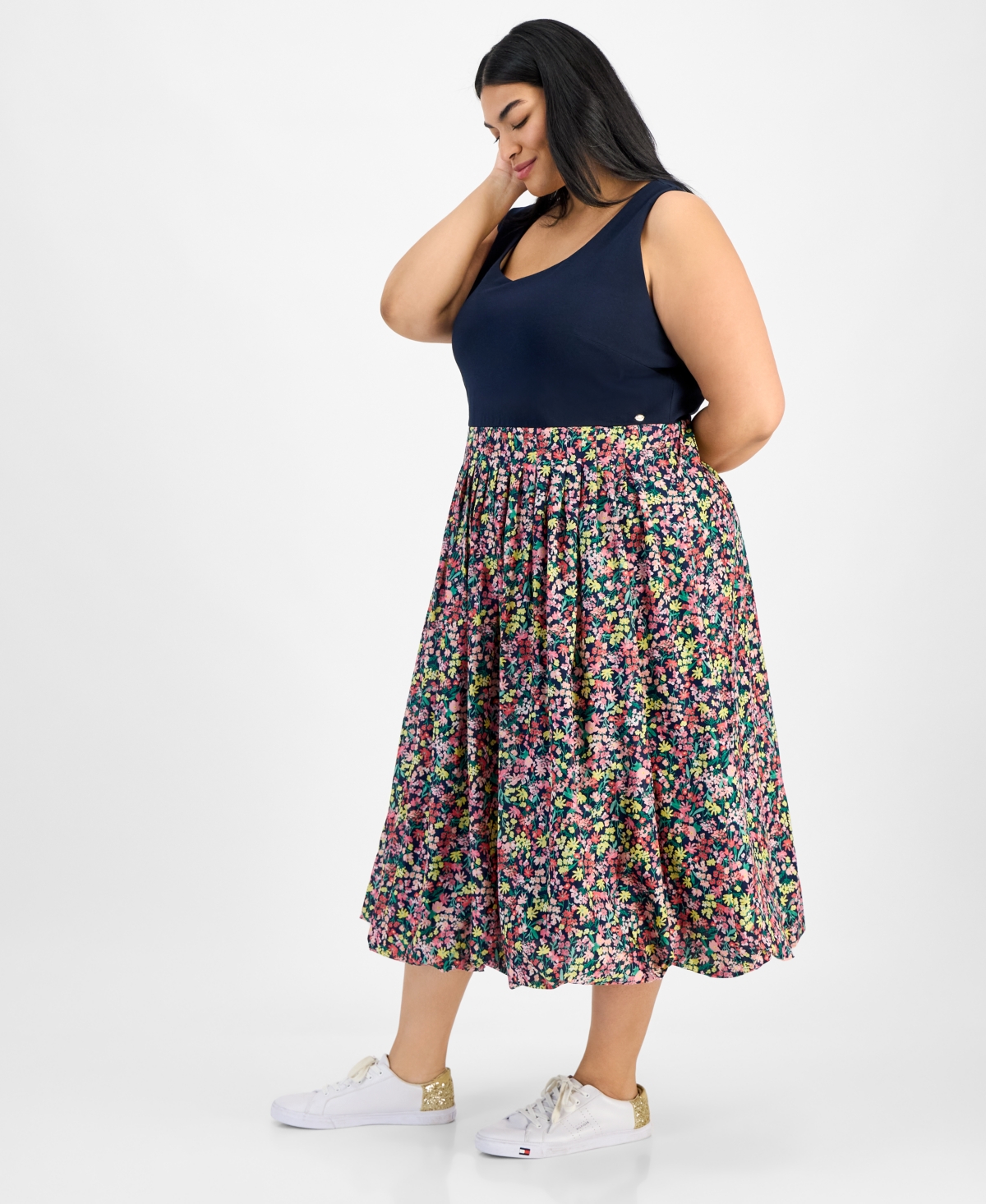 Tommy Hilfiger Plus Size Floral-print-skirt Sleeveless Dress In Sky Cap Multi