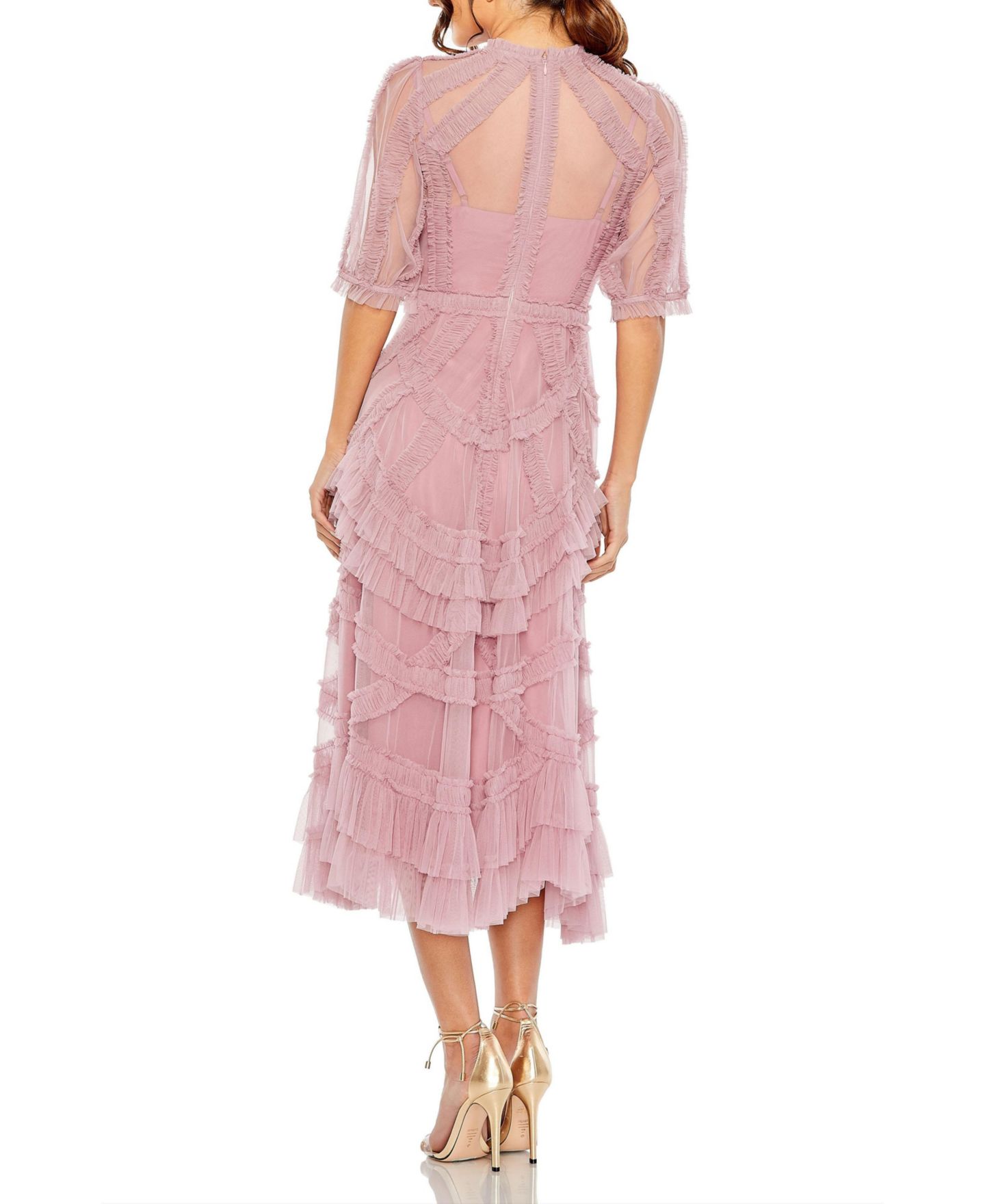 Женское платье Mac Duggal High Neck Puff Sleeve Ruffle Tiered, цвет: Состаренный розовый — фото 8