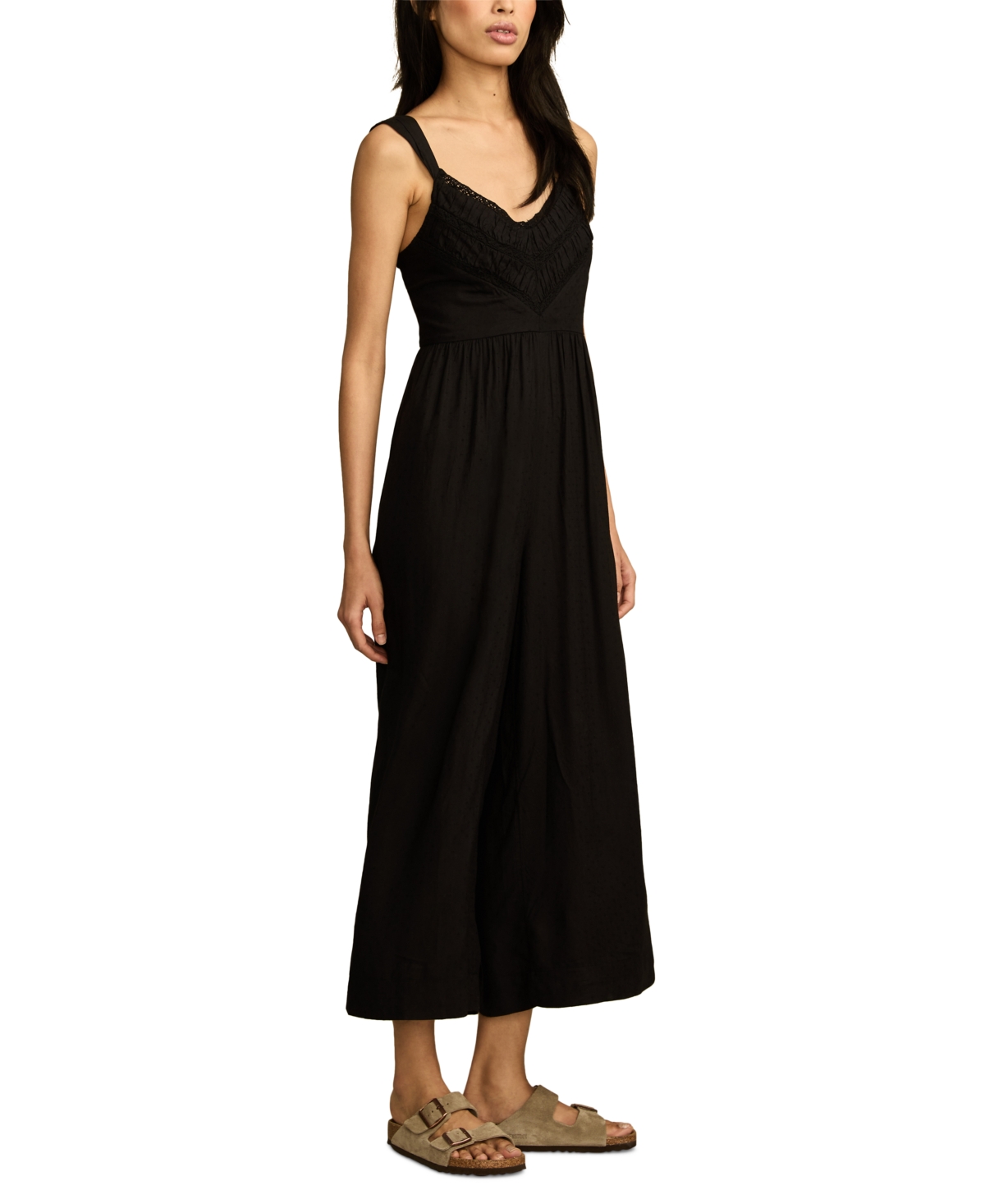 Shop Lucky Brand Women's Ruched Lace Wide-leg Jumpsuit In Meteorite
