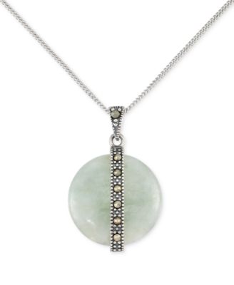 Macy's - Jade & Marcasite Round Disc & Vertical Bar 18" Pendant Necklace in Sterling Silver