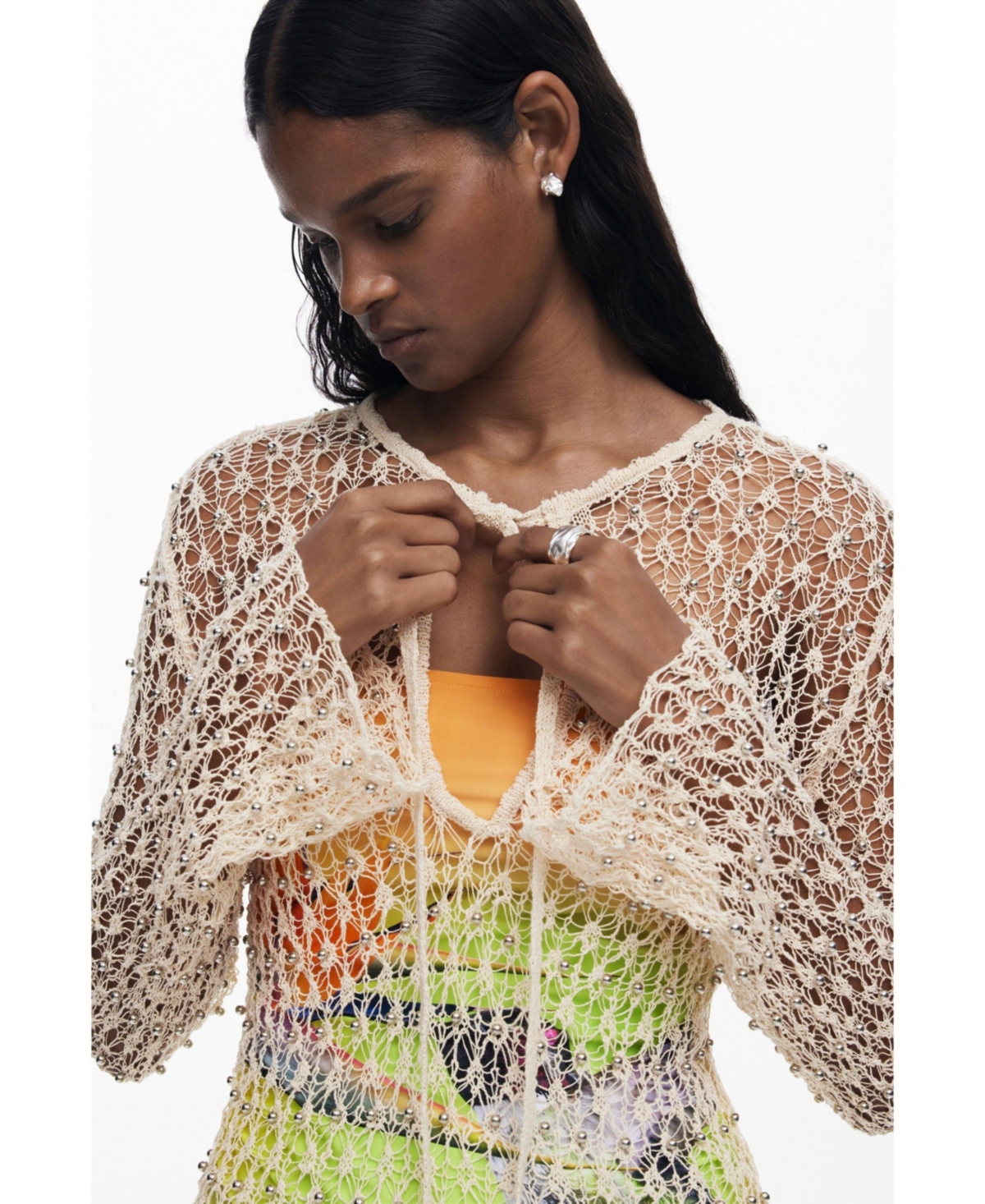 Desigual Beaded Long Sleeve Cotton Blend Crochet Cover-up Dress In Light Beige